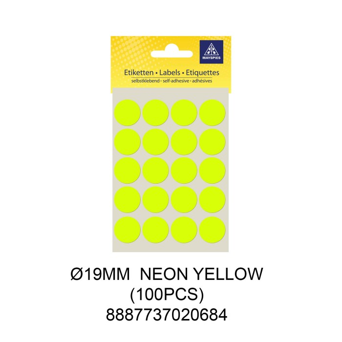 MAYSPIES MS019 COLOUR DOT LABEL / 5 SHEETS/PKT / 100PCS / ROUND 19MM NEON YELLOW